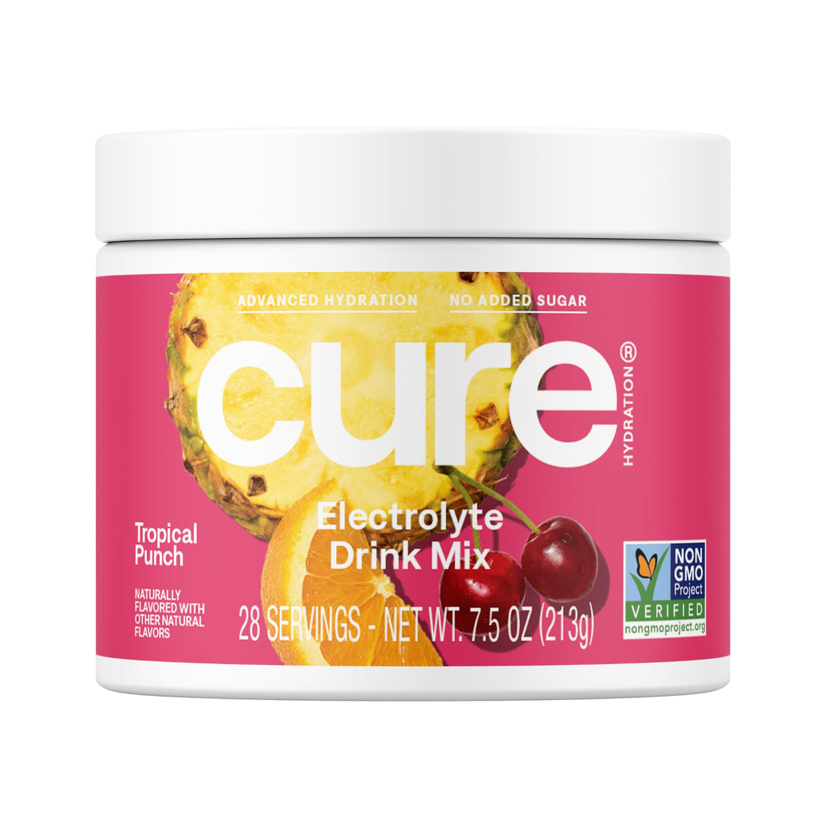 Cure Hydration Tropical Punch jar front, plant-based electrolytes for quick hydration