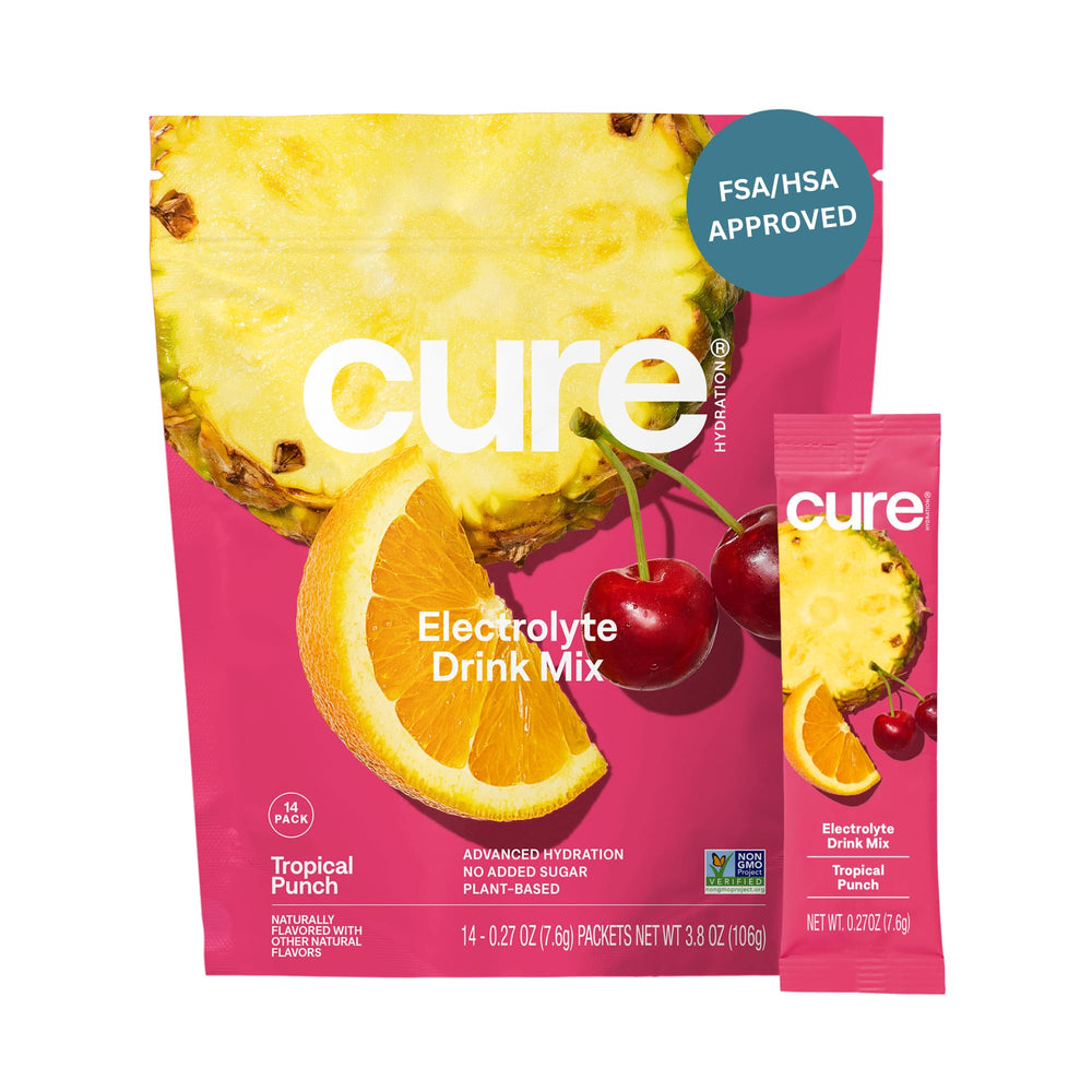 Cure Hydration tropical punch packet ready to mix for fast, refreshing hydration.