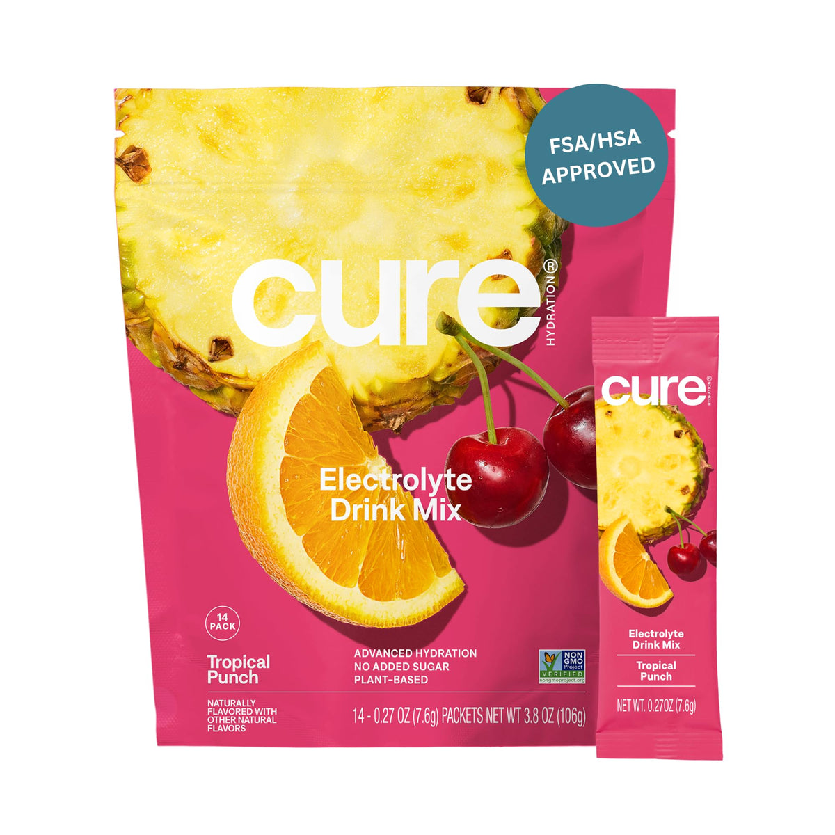 Cure Hydration tropical punch packet ready to mix for fast, refreshing hydration.