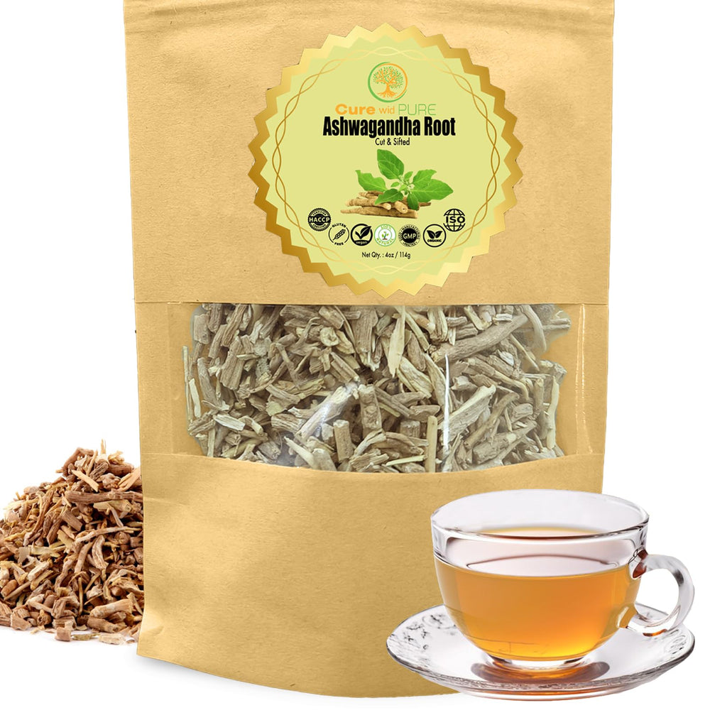 Cure Wid Pure ashwagandha root tea cut and sifted packaging, ready for infusions.