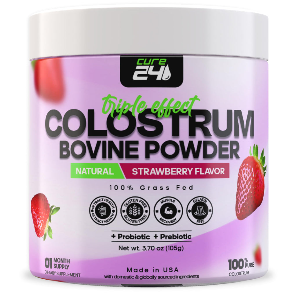 Cure24 Bovine Colostrum X3 bottle front highlights premium USA-made powder for wellness.
