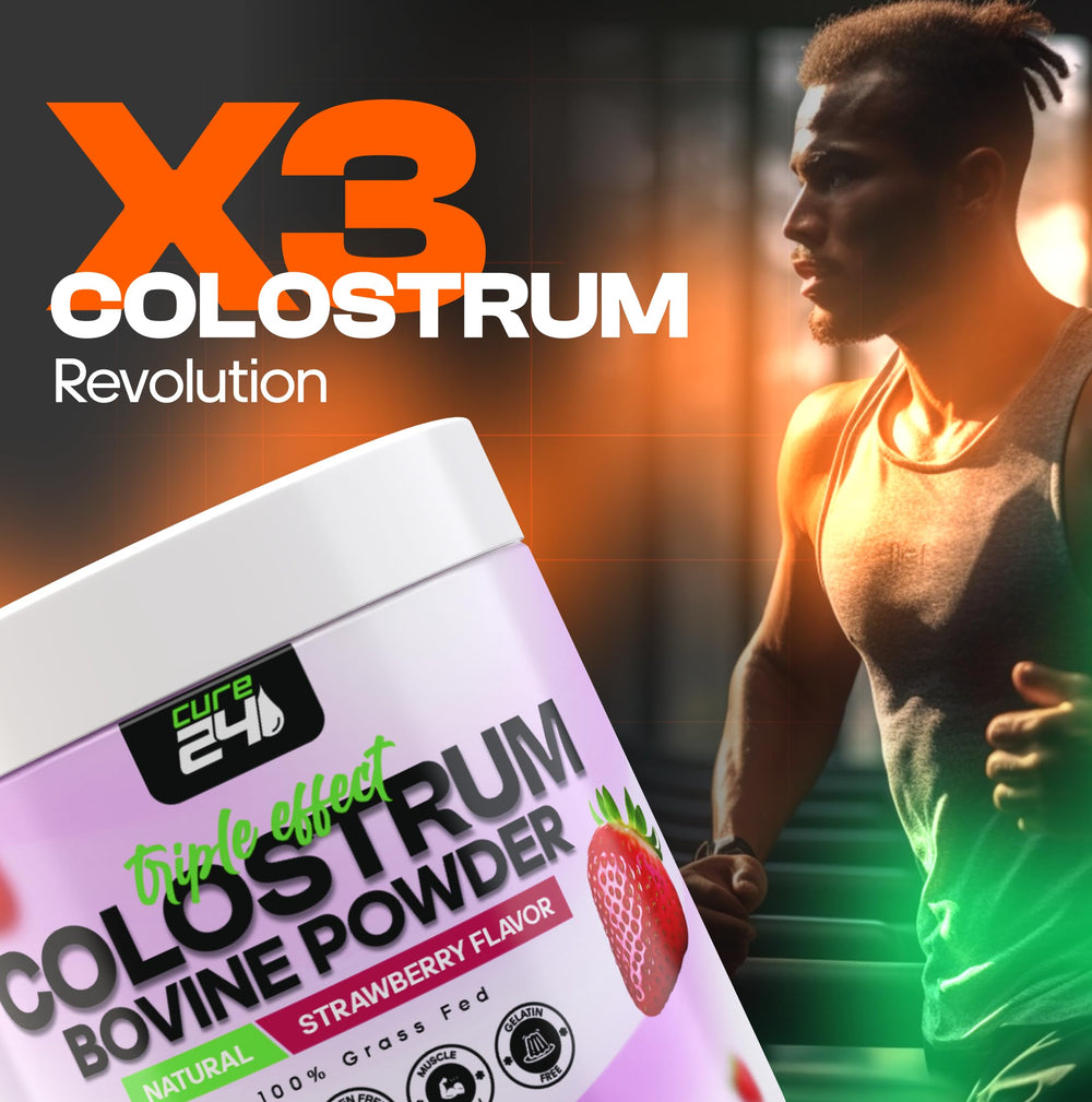 Cure24 Bovine Colostrum X3 nutrition label close-up highlights vitamins.