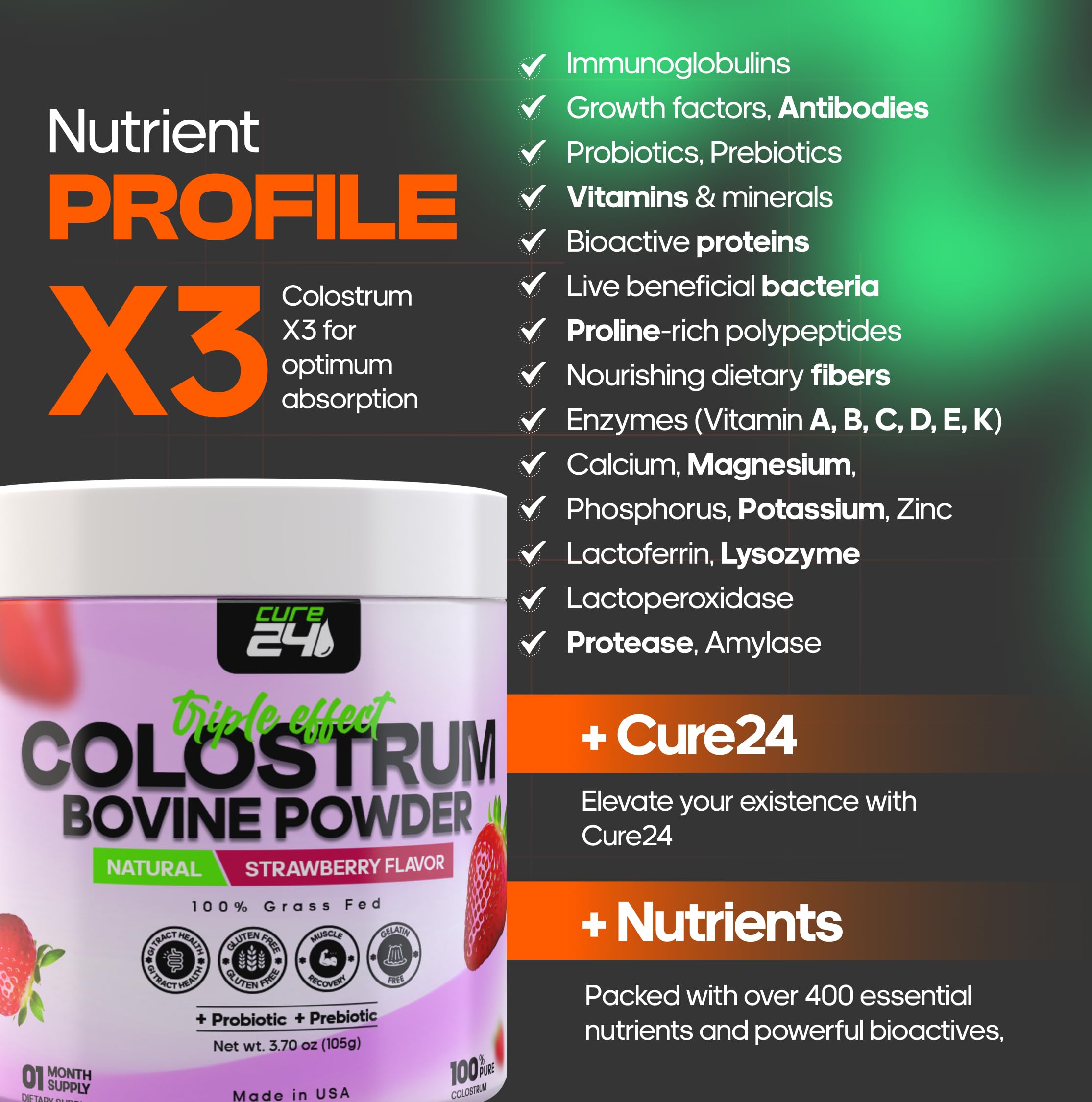 Cure24 Bovine Colostrum X3 probiotic visuals indicating gut health support.