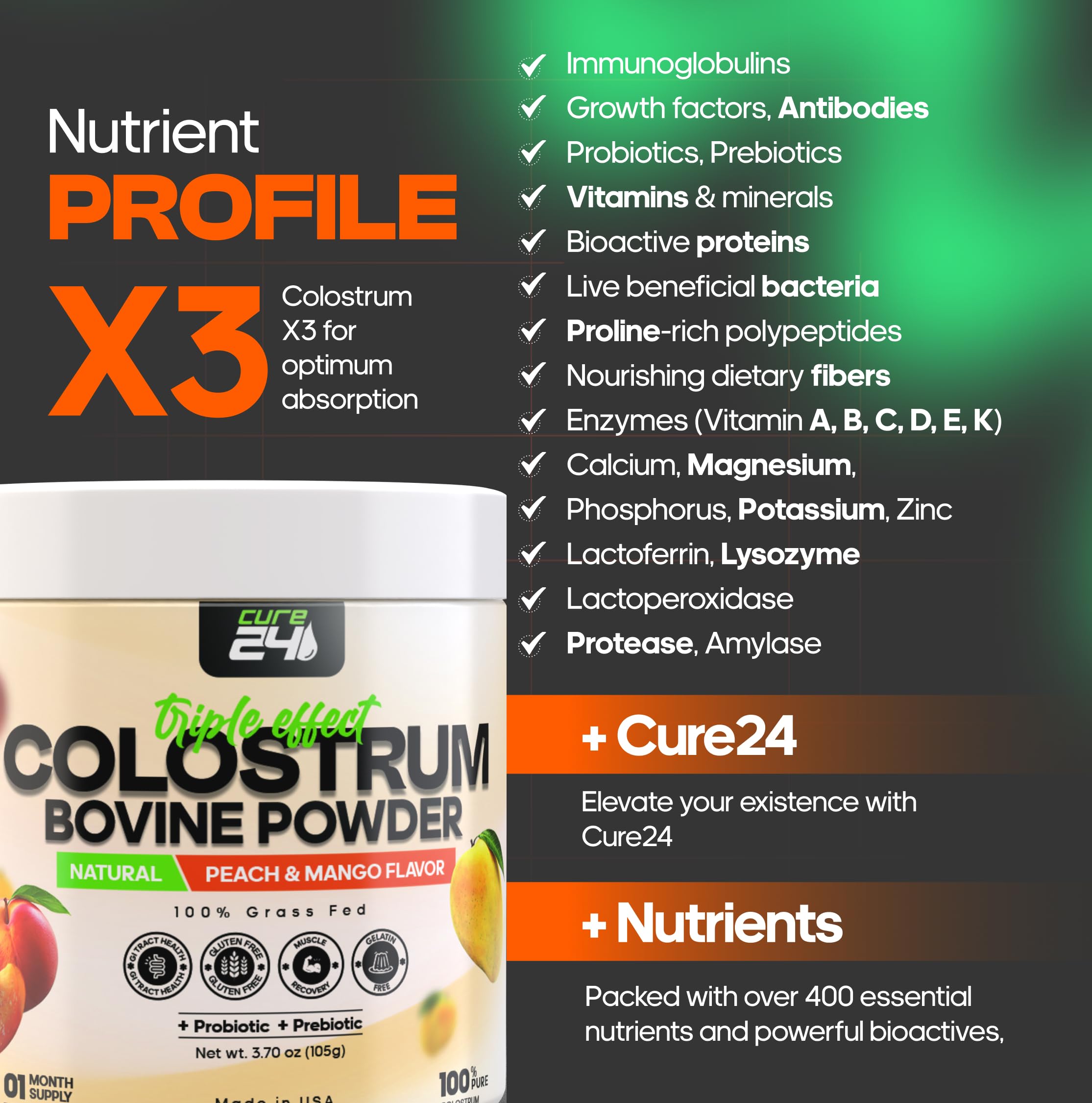 Cure24 Bovine X3 ingredients panel highlights IgG and probiotics for digestion support