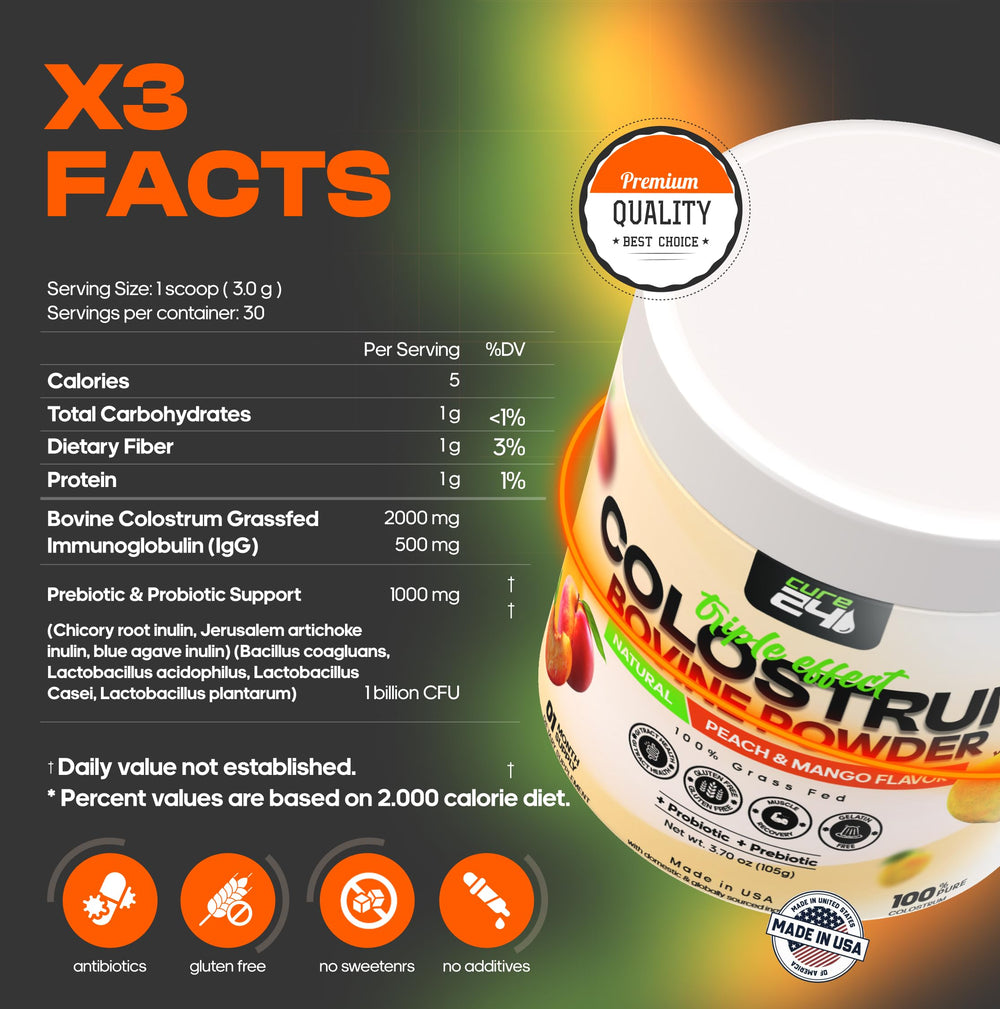 Cure24 Bovine X3 scoop beside jar, convenient for quick daily mix