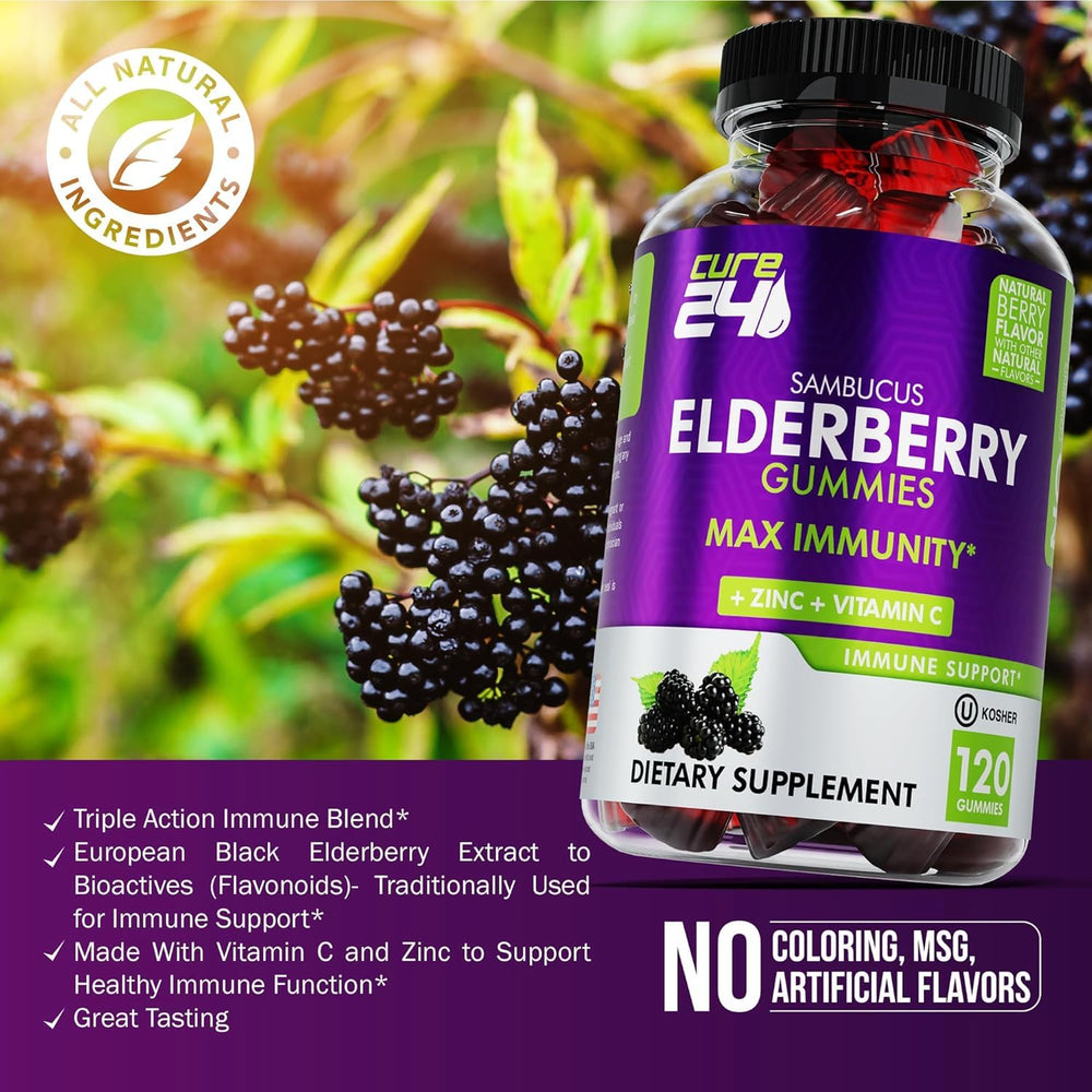 Cure24 Sambucus Gummies adults daily routine with bottle and water