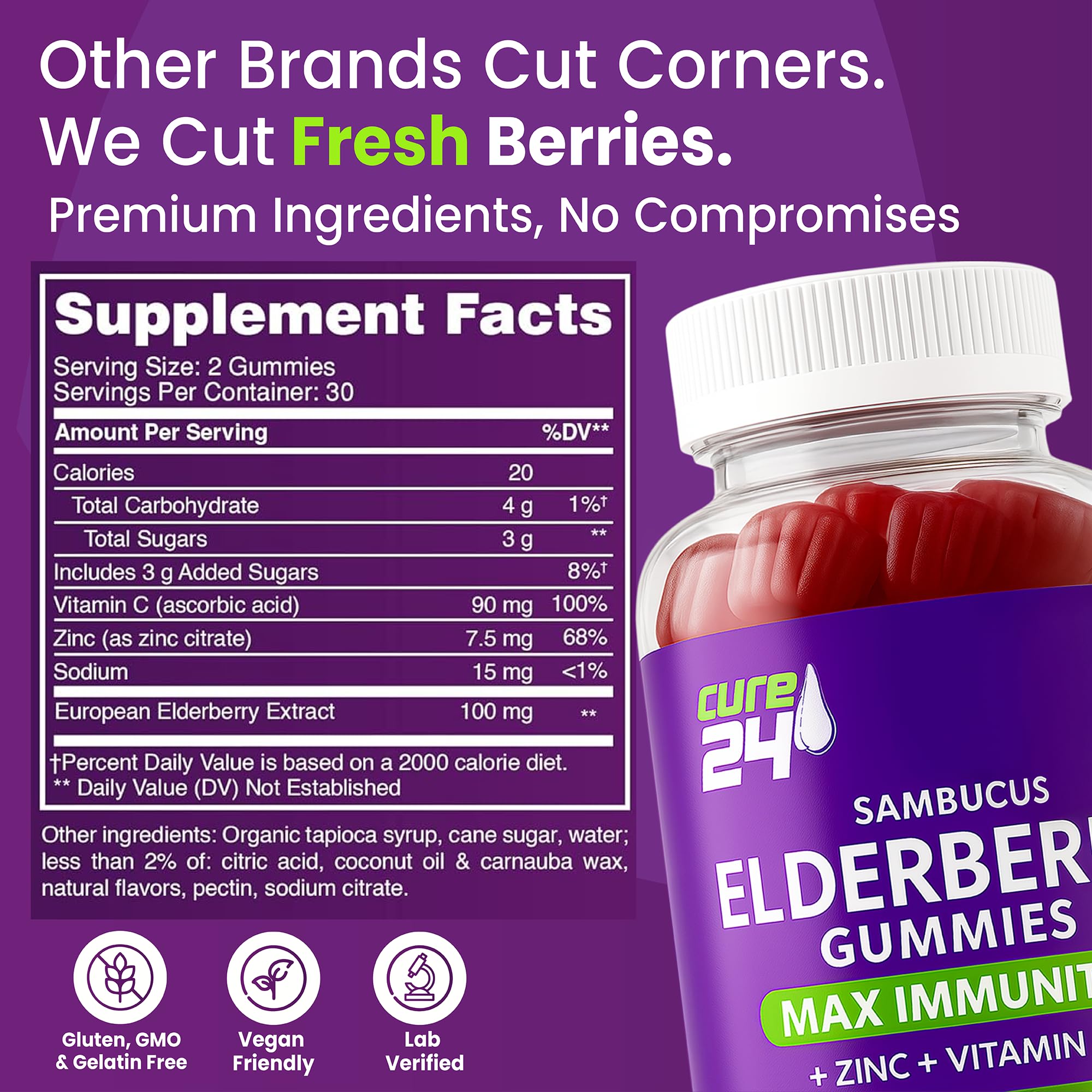 Cure24 Sambucus Gummies adults serving close-up with two daily chews.