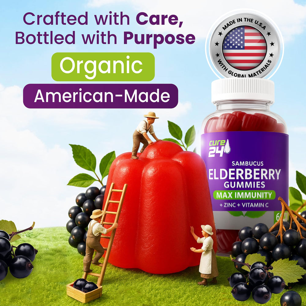 Cure24 Sambucus Gummies bottle close-up highlighting natural flavors.