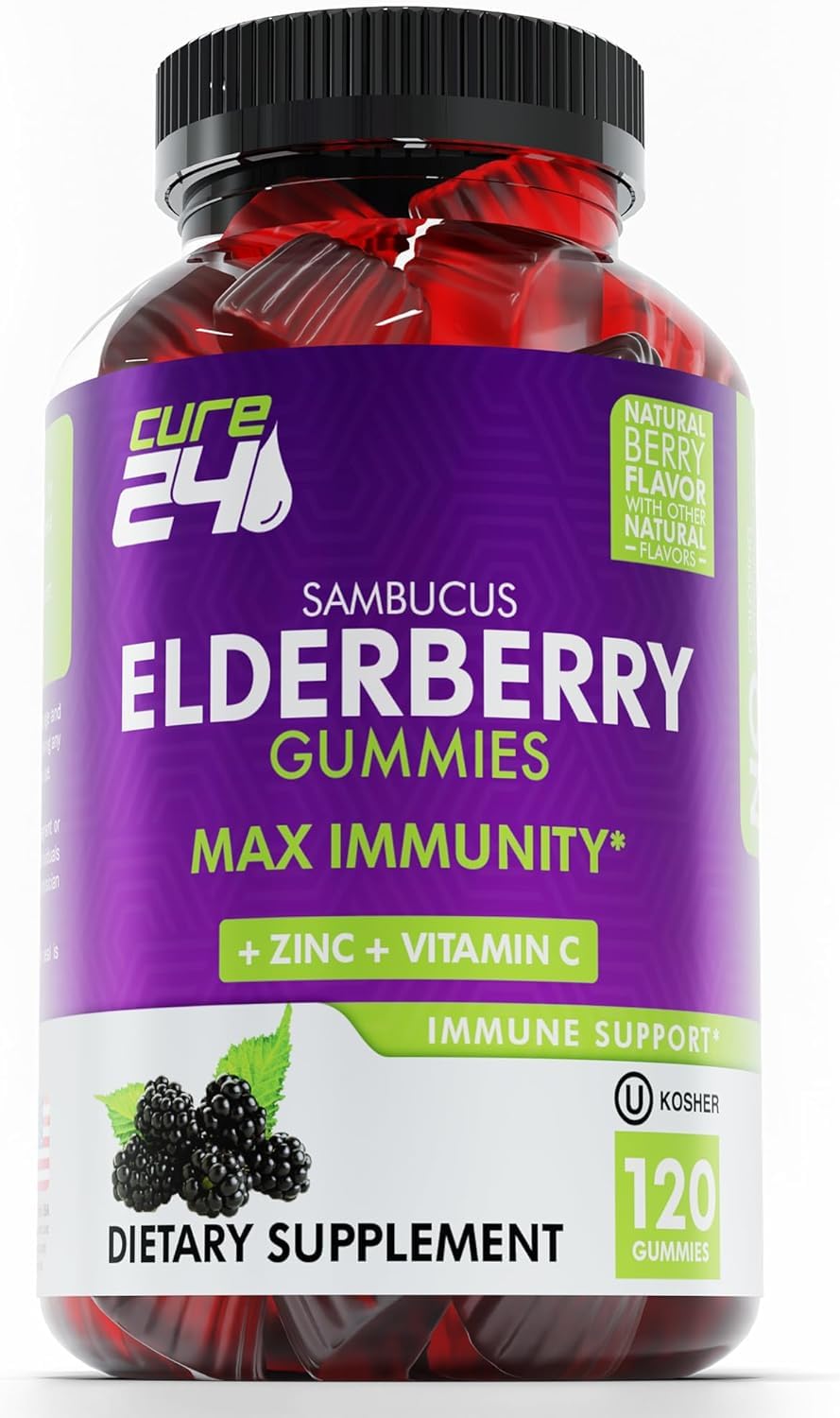 Cure24 Sambucus Elderberry Gummies bottle with pour showing easy daily use