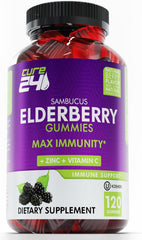 Cure24 Sambucus Elderberry Gummies bottle with pour showing easy daily use