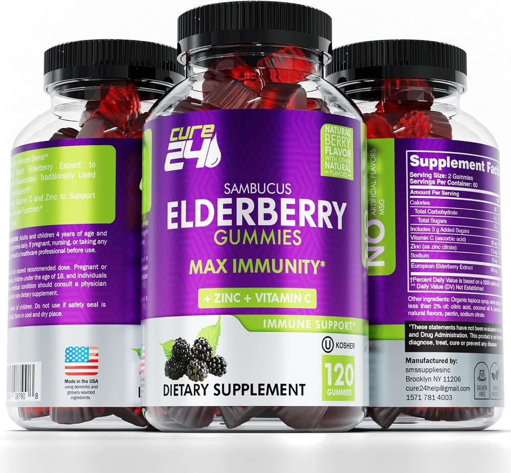 Cure24 Sambucus Elderberry Gummies ingredients close-up highlight vegan formula