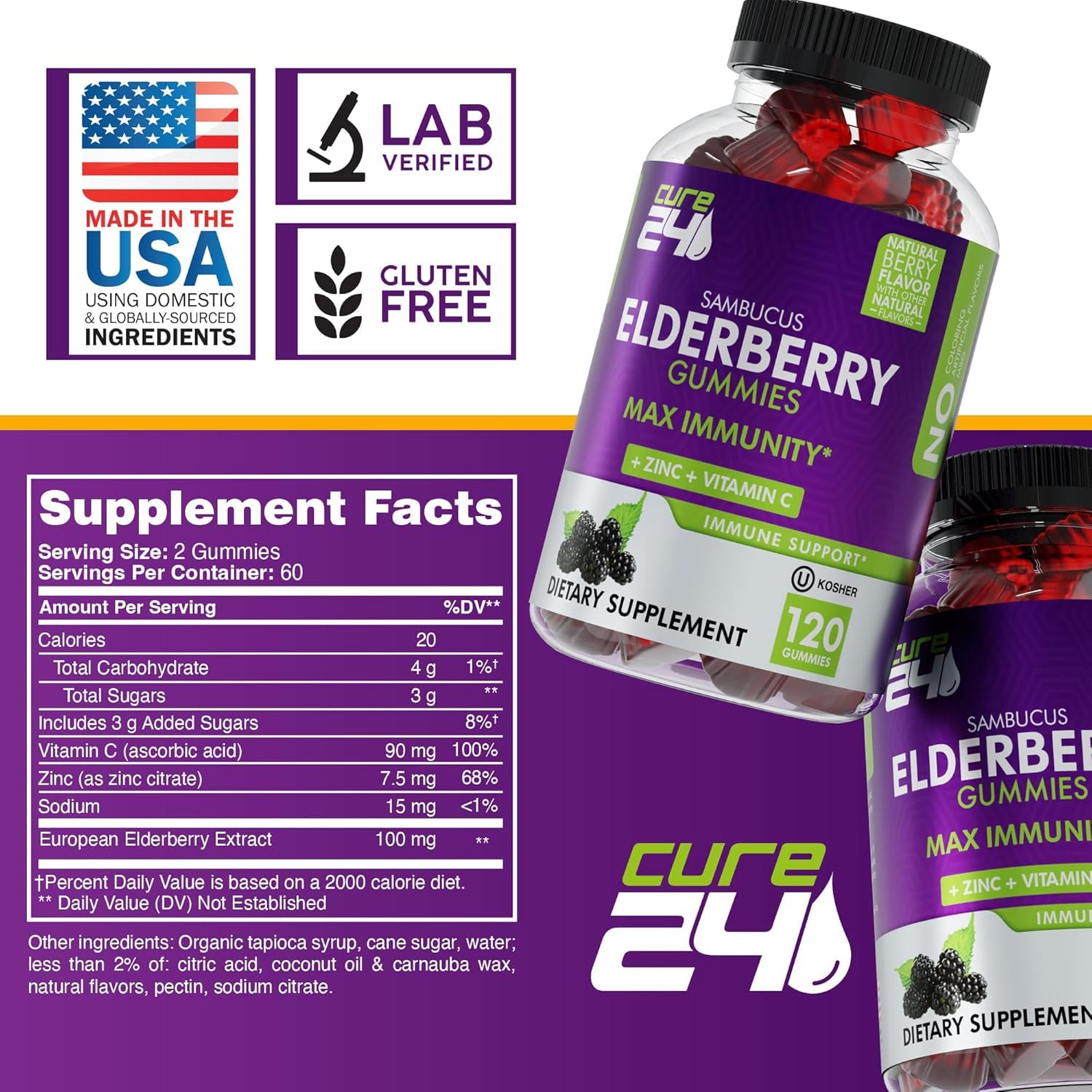 Cure24 Sambucus Gummies for kids daily dose in colorful chewables