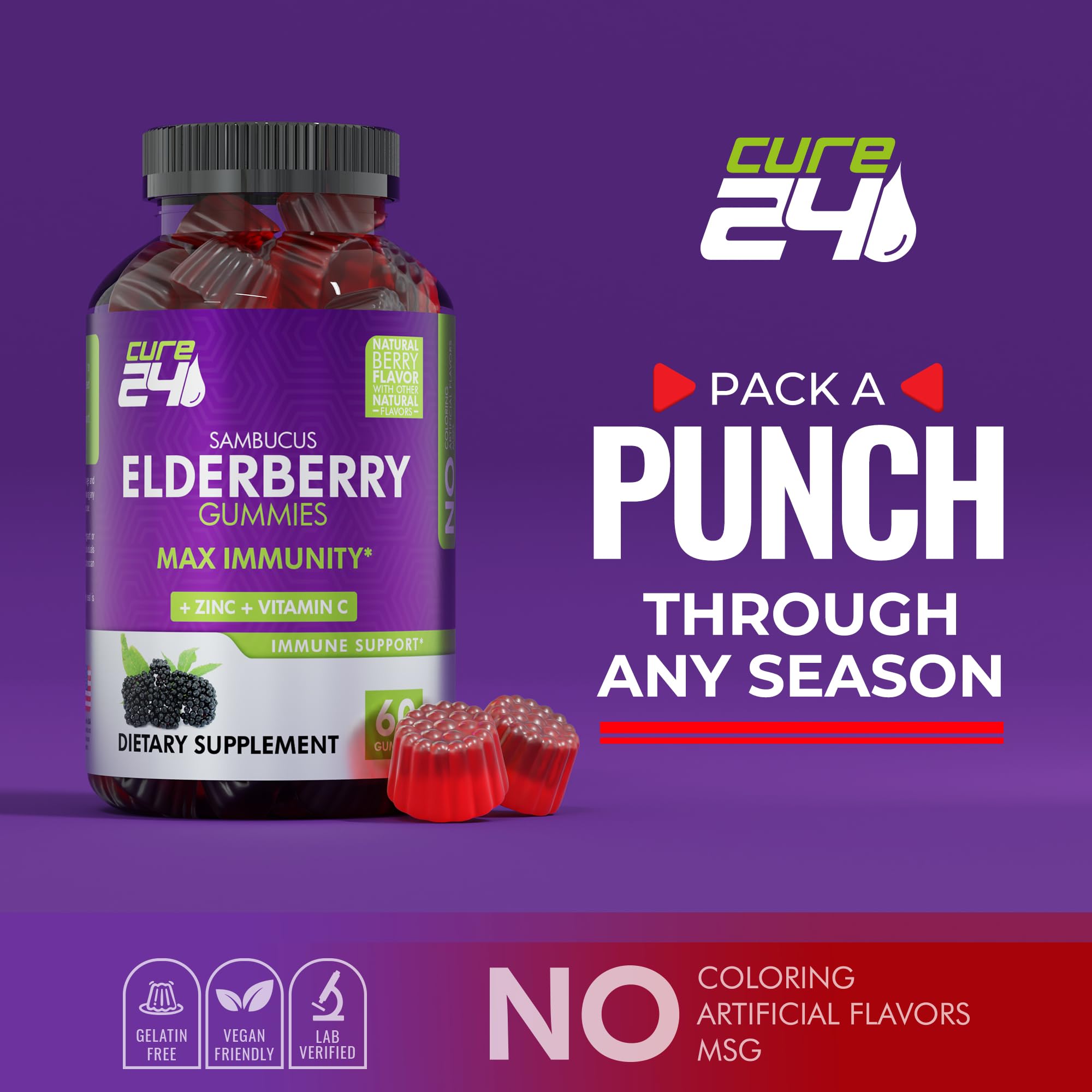 Cure24 Sambucus Gummies natural flavors close-up with real fruit hints.