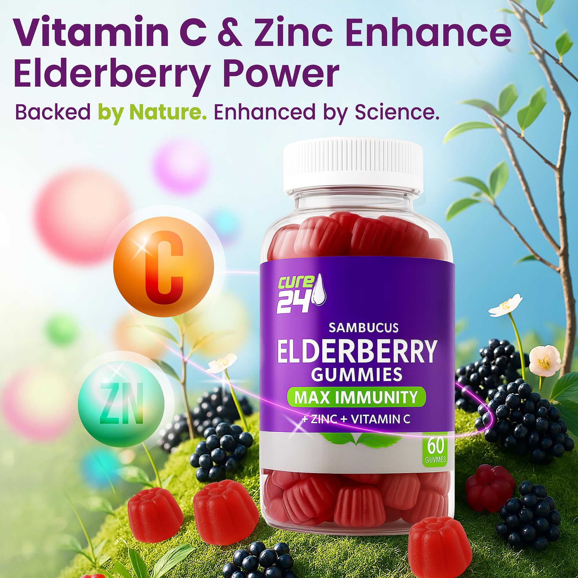 Cure24 Sambucus Gummies USA-made seal emphasizing quality.