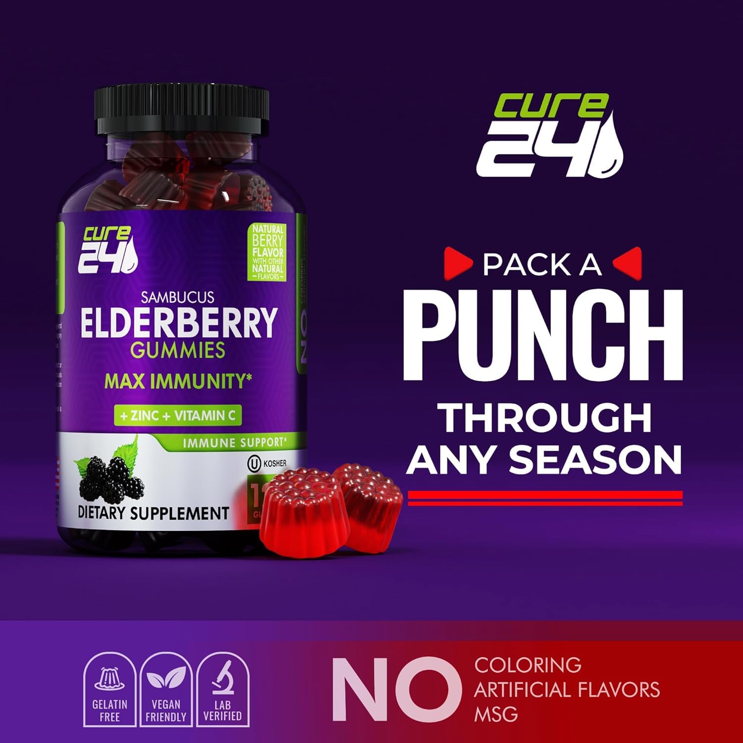 Cure24 vegan non-GMO label on gummies bottle communicates clean ingredients