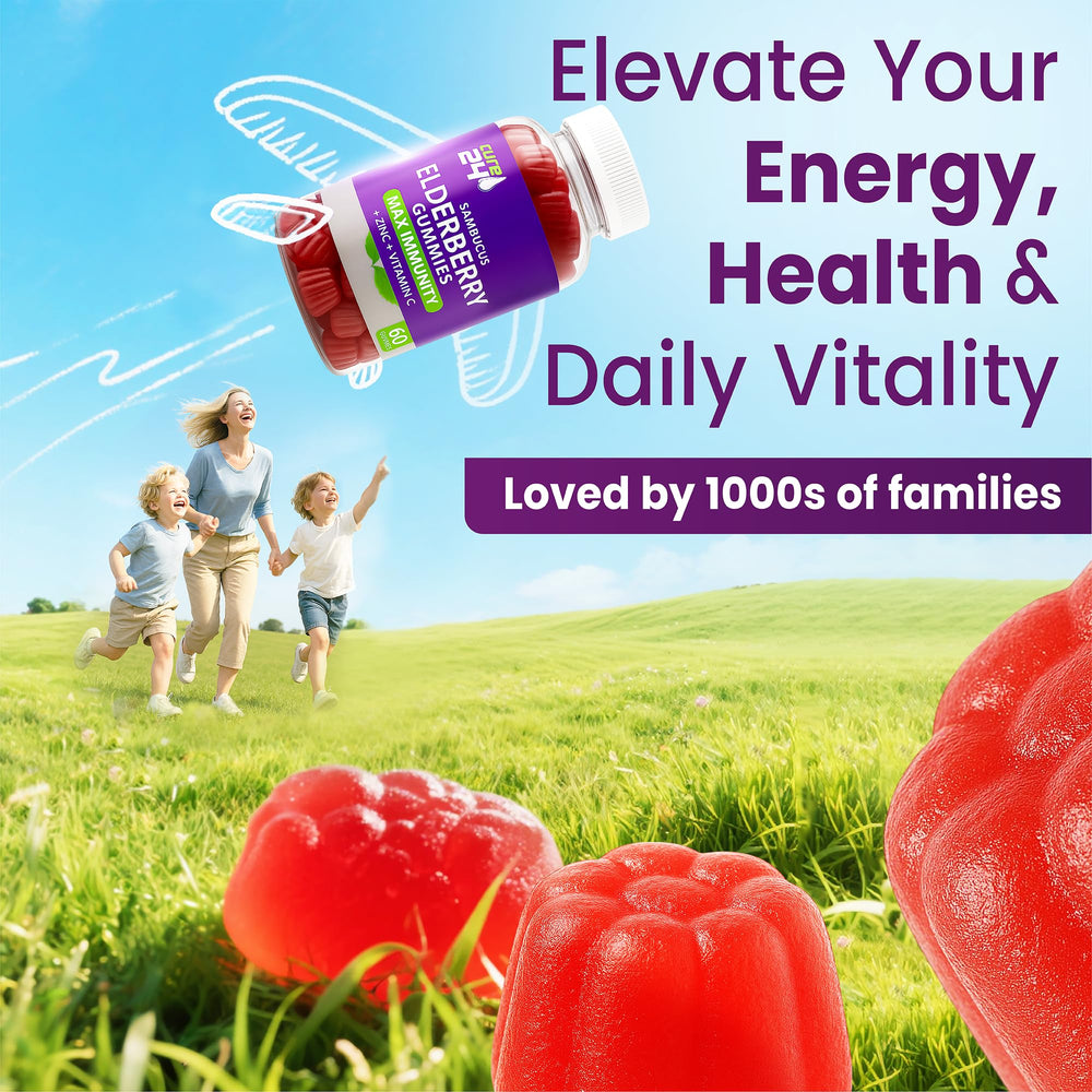 Cure24 Sambucus Gummies vegan and non-GMO certification visible.