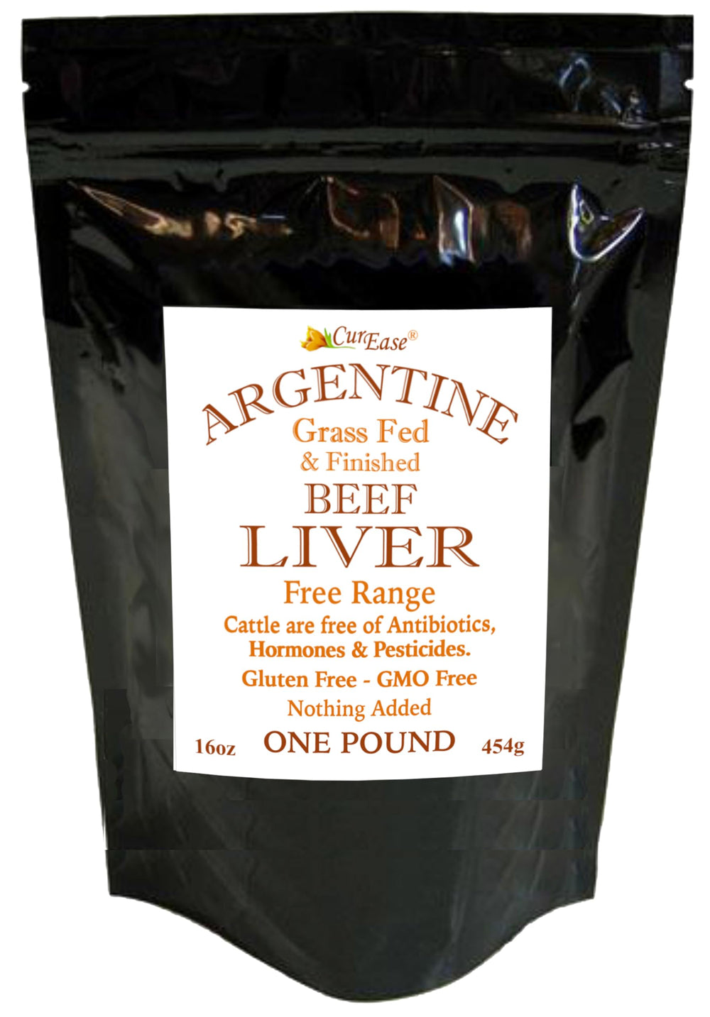 CurEase Argentine grass-fed beef liver powder bottle showing pure nutrition benefits.