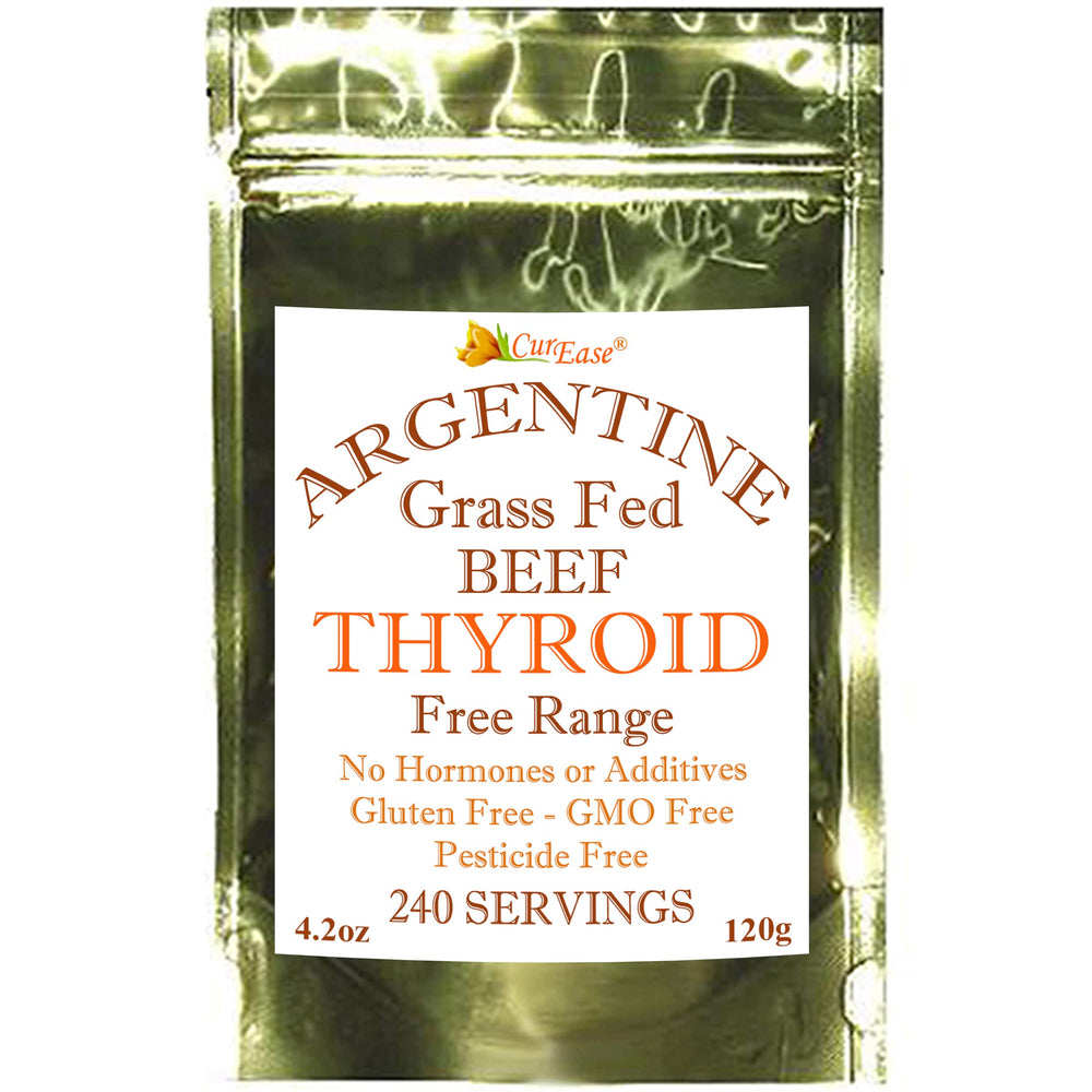 CurEase Beef Thyroid powder closeup reveals fine undefatted desiccated texture.