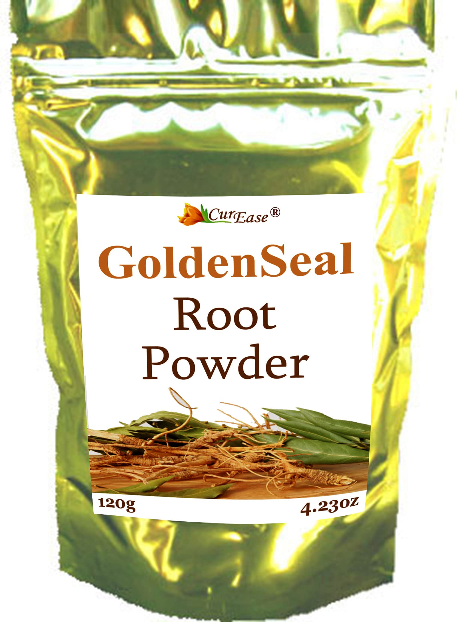 CurEase Goldenseal Root Powder bag shows 120 g for a daily wellness routine.