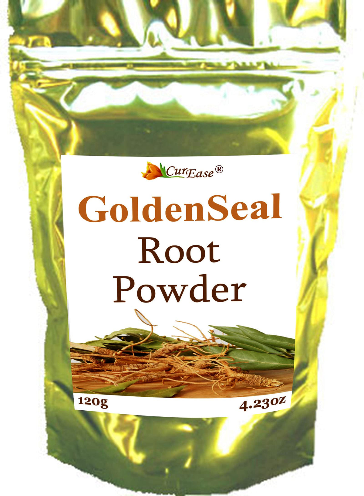 CurEase Goldenseal Root Powder bag shows 120 g for a daily wellness routine.