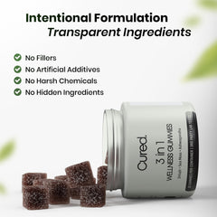 Cured Manuka Honey gummies glass jar emphasizing flavor-forward wellness option.