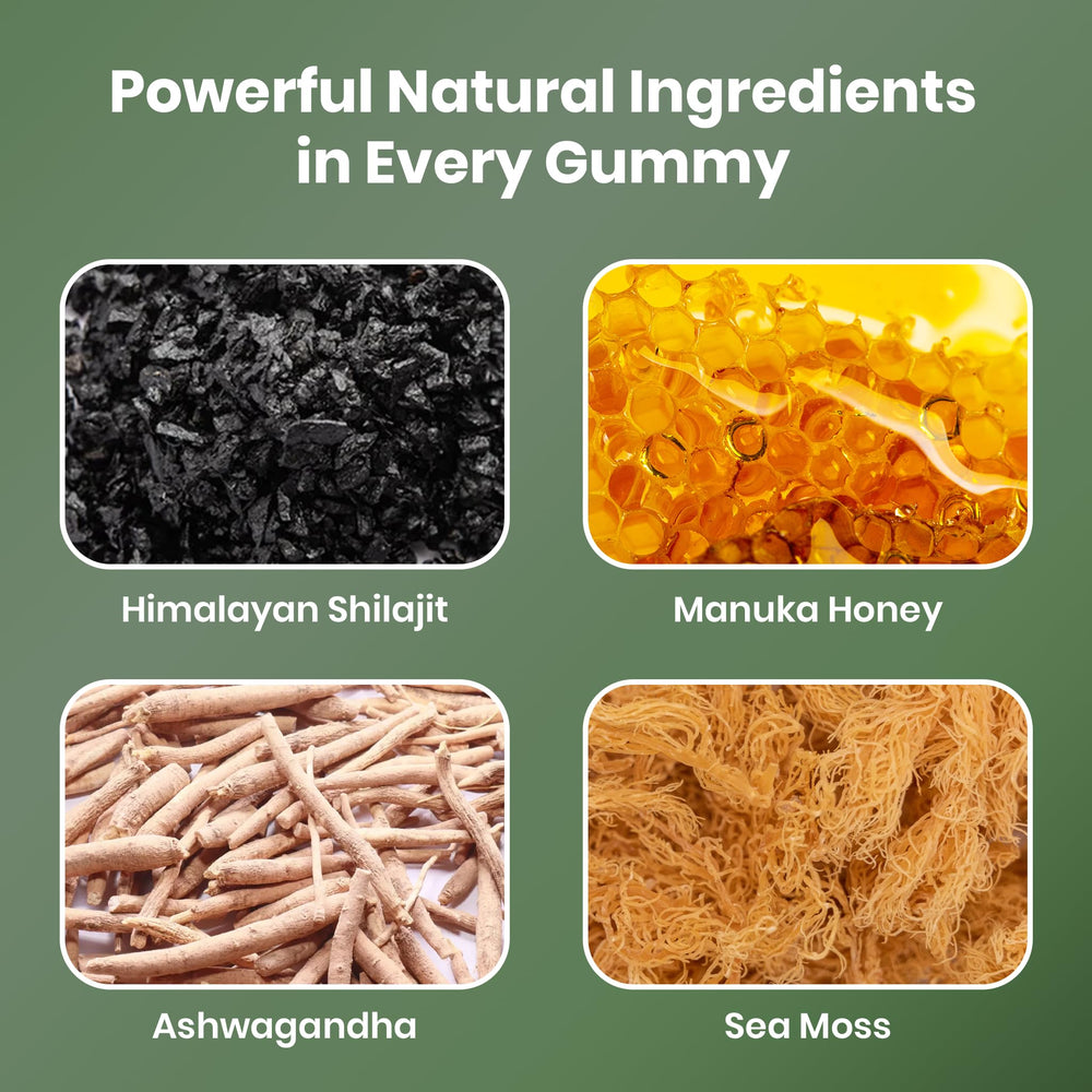 Cured Himalayan Shilajit gummies package highlights all-in-one wellness solution.