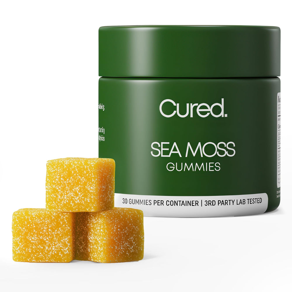 Cured Sea Moss Gummies bottle showing premium, immune-supporting vegan snack.