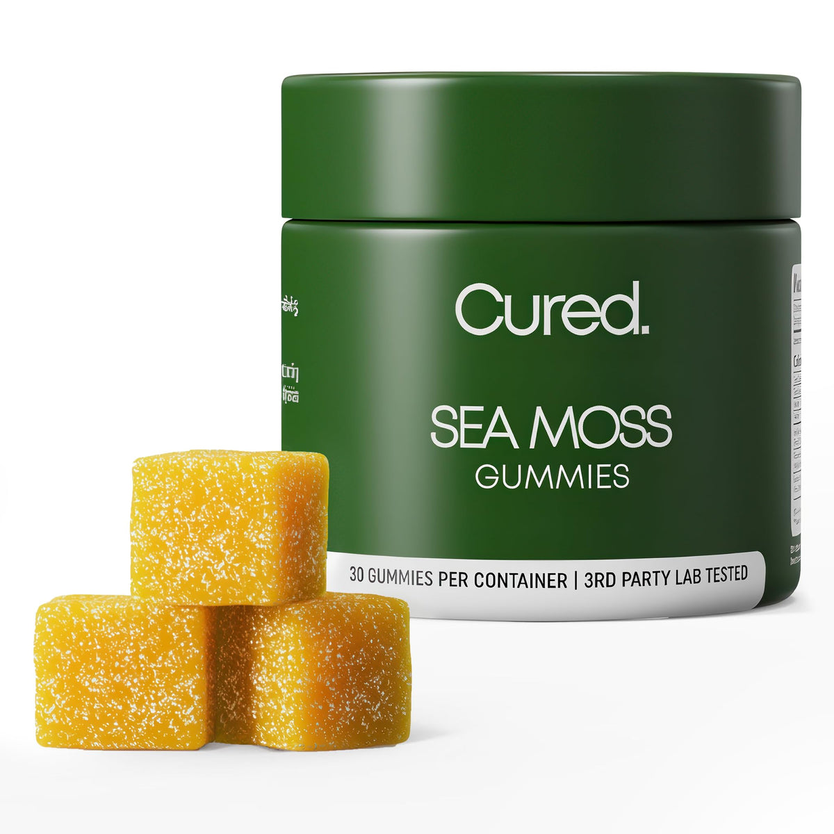 Cured Sea Moss Gummies bottle showing premium, immune-supporting vegan snack.