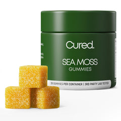 Cured Sea Moss Gummies bottle showing premium, immune-supporting vegan snack.