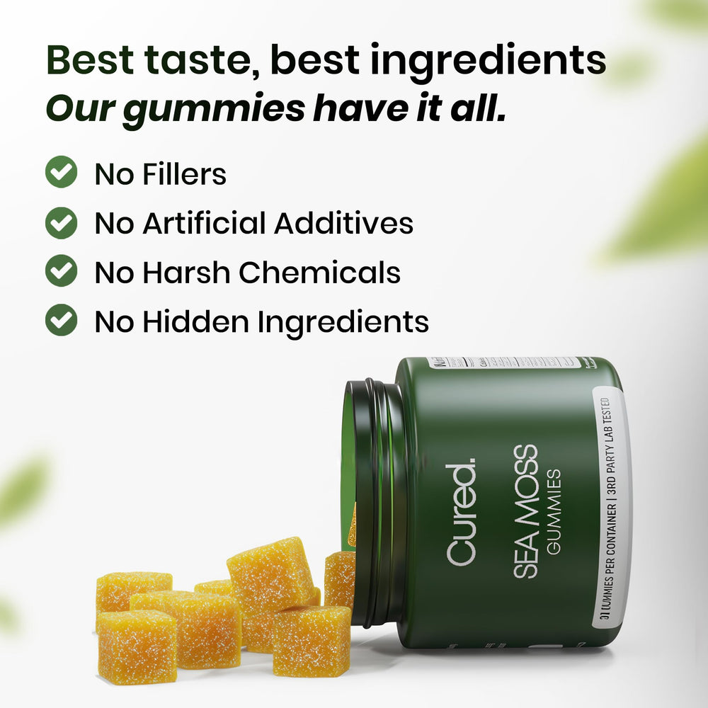 Cured Sea Moss Gummies raw sea moss sourced from pristine waters.