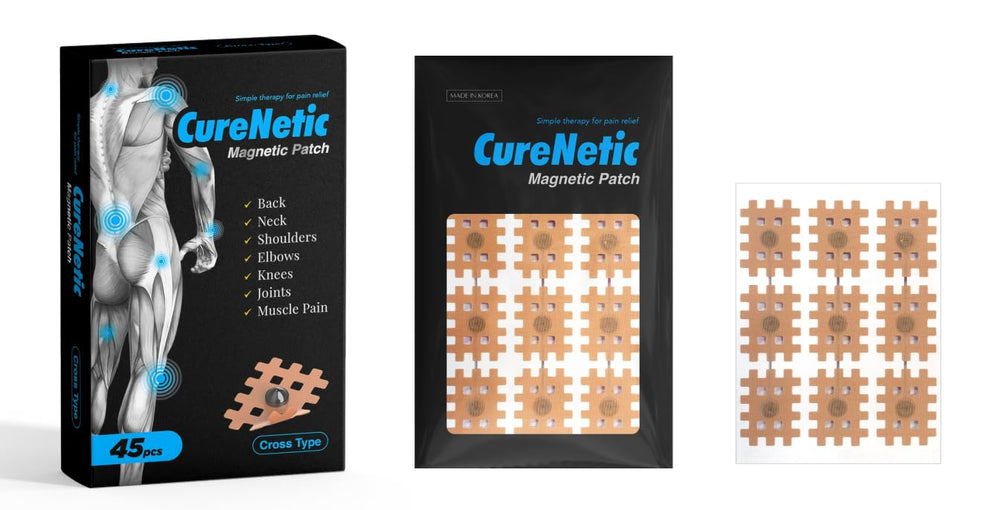 CureNetic Cross Type magnetic patch close-up showing skin-safe adhesive and grid tape.