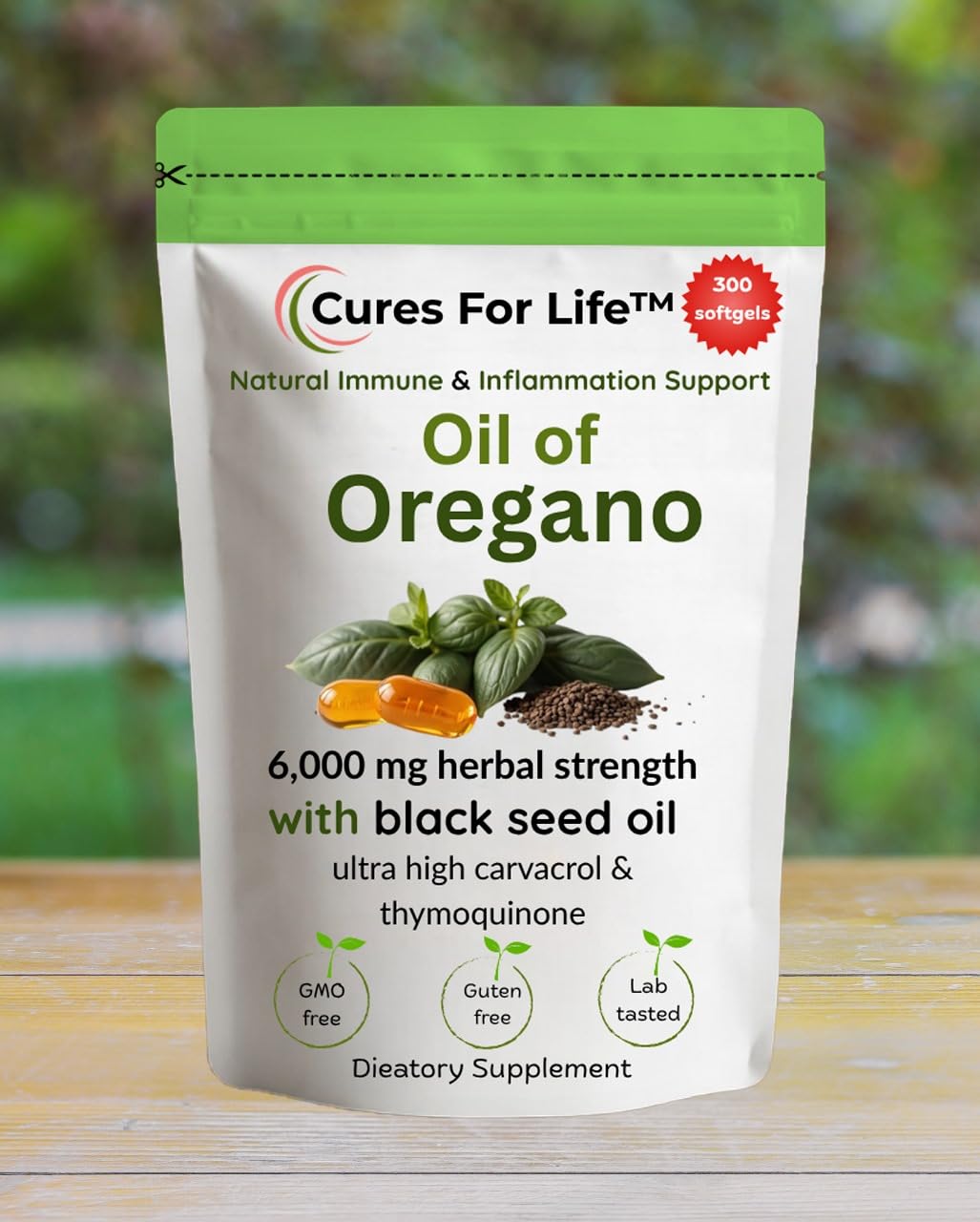 Close-up of Cures For Life oregano softgels for easy swallowing