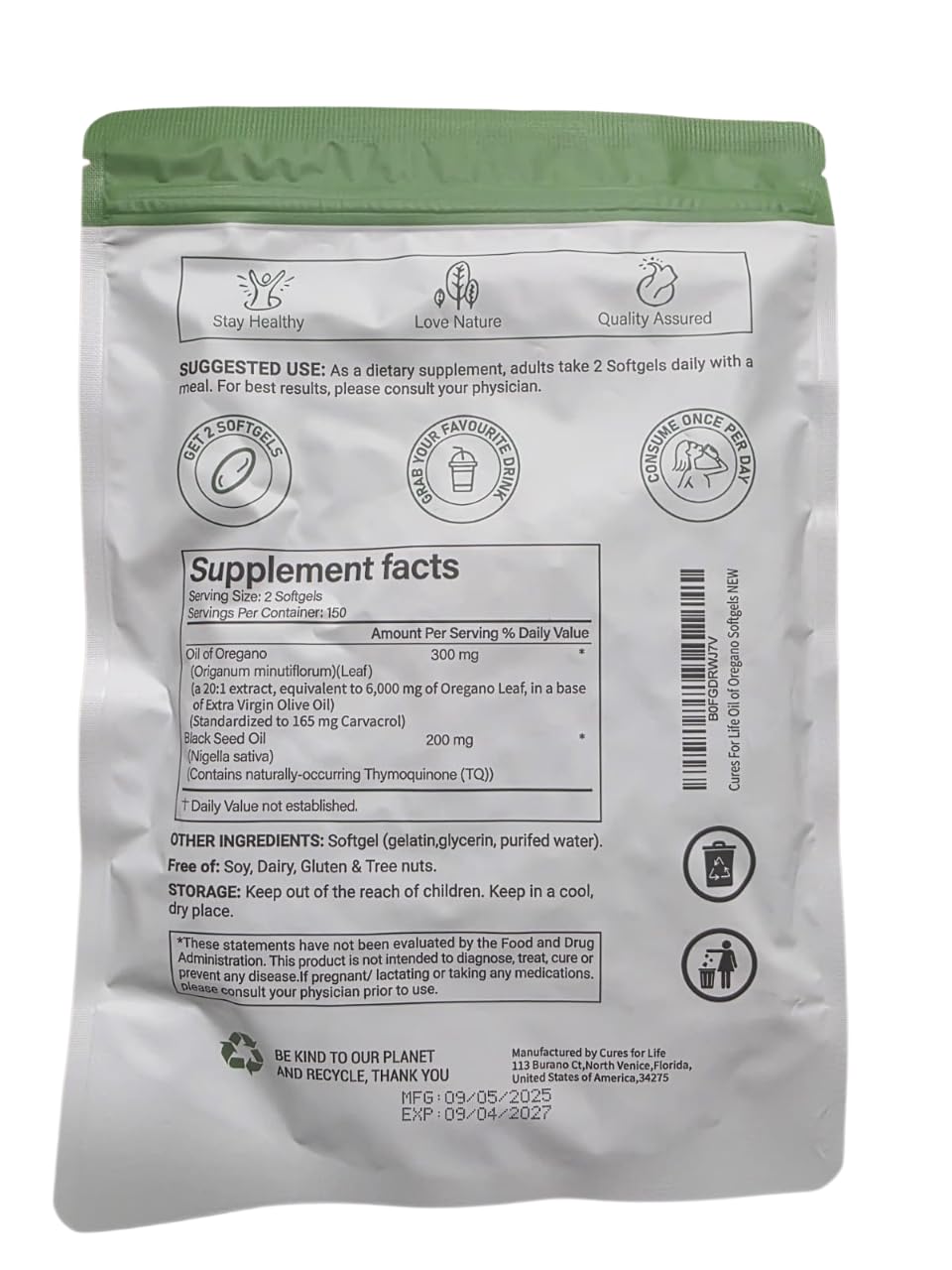 Label highlighting Carvacrol 165mg in Cures For Life oregano oil