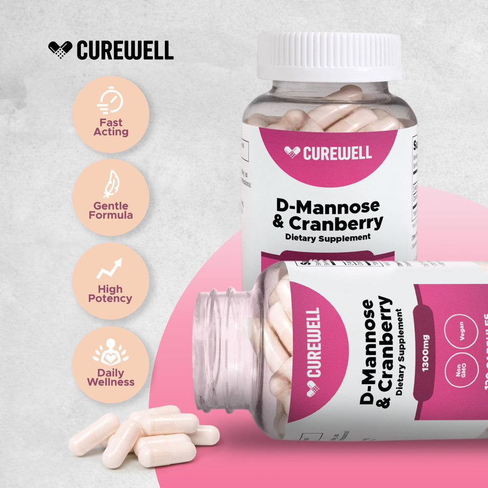CUREWELL D-Mannose Cranberry bottle-side view with label explaining vegan non-GMO formula