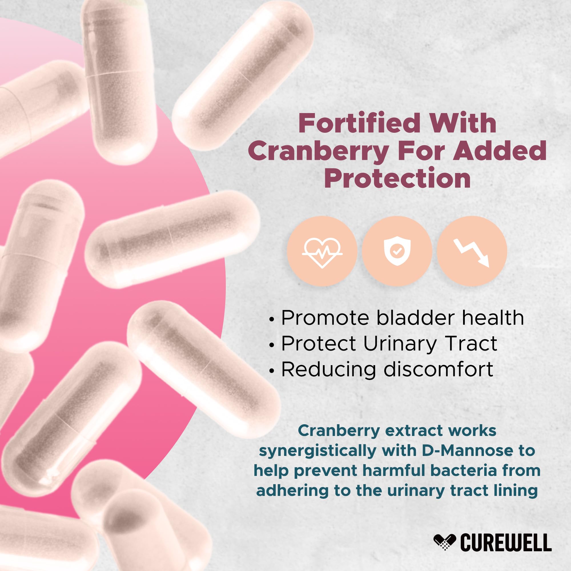 CUREWELL D-Mannose Cranberry label info highlights vegan, non-GMO formula