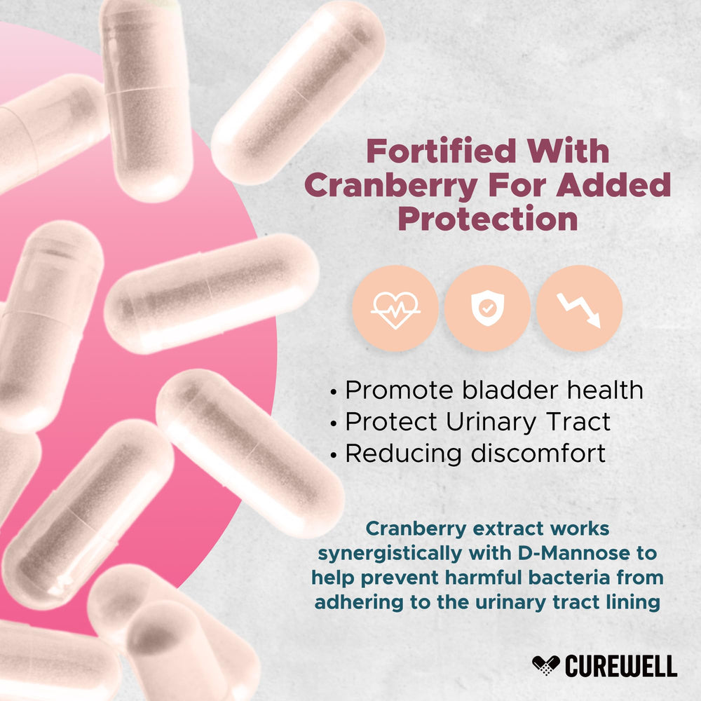 CUREWELL D-Mannose Cranberry label info highlights vegan, non-GMO formula