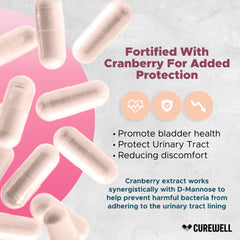 CUREWELL D-Mannose Cranberry label info highlights vegan, non-GMO formula
