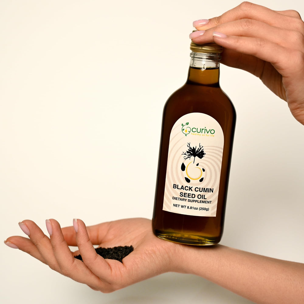 Curivo Black Cumin Seed Oil label closeup reveals nutrients for skin vitality