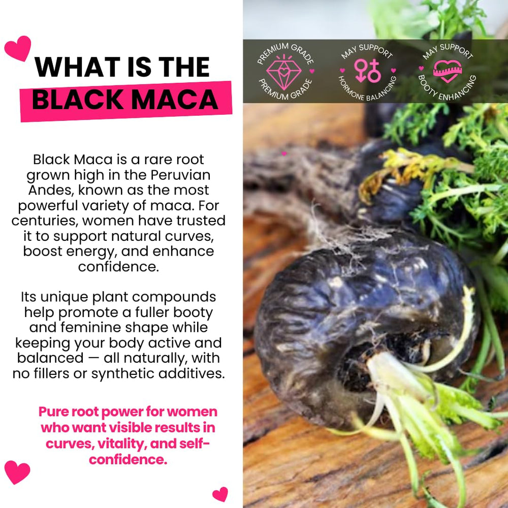 Closeup of 600 mg Curvy Fruit maca capsules for daily use.