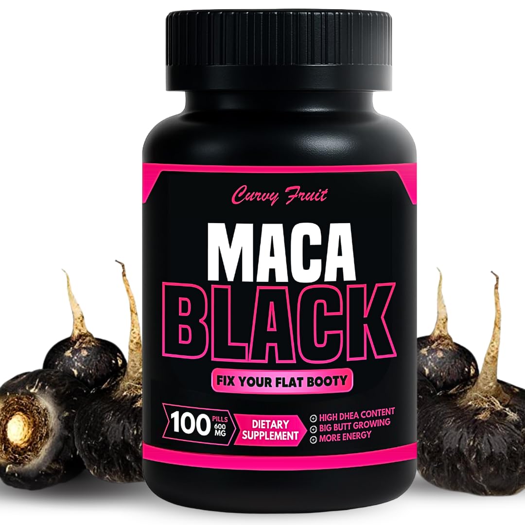 Curvy Fruit black maca pills bottle for daily routine use.