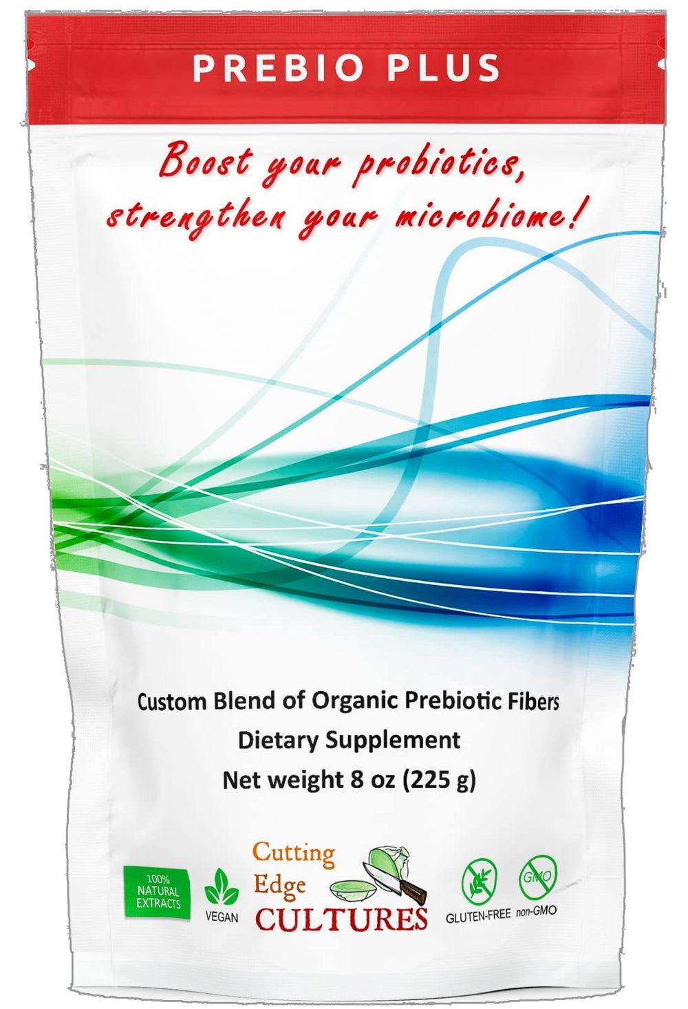 Cutting Edge Cultures Prebio Plus bottle showing the organic prebiotic blend for daily digestive support.