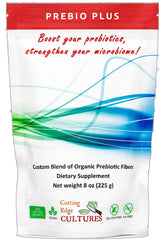 Cutting Edge Cultures Prebio Plus bottle showing the organic prebiotic blend for daily digestive support.