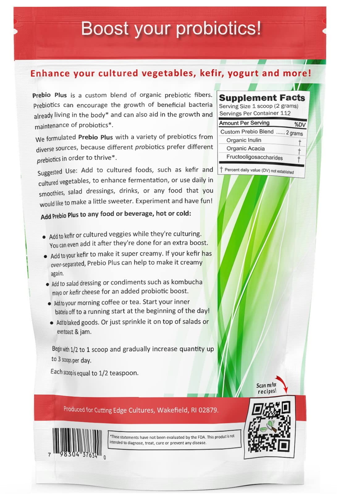 Cutting Edge Cultures Prebio Plus resealable pouch for convenient storage and daily use.