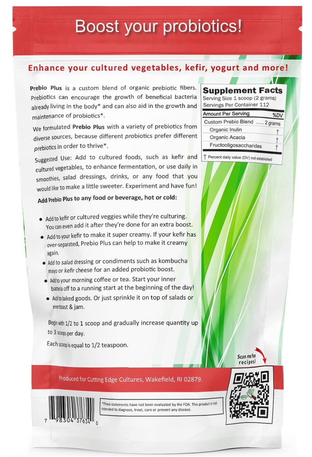Cutting Edge Cultures Prebio Plus resealable pouch for convenient storage and daily use.