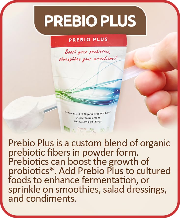 Cutting Edge Cultures Prebio Plus scoop beside a smoothie, signifying easy daily use.