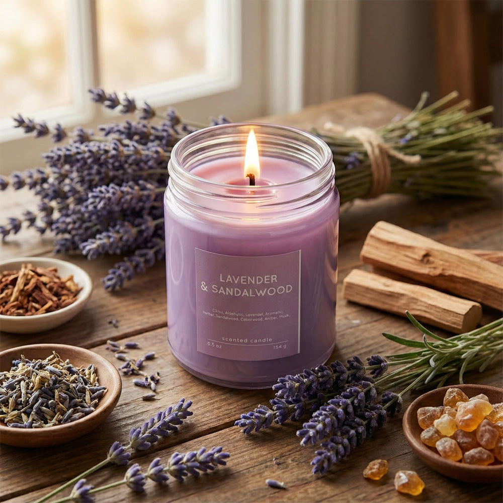 CW Studio Lavender & Sandalwood candle emits soft glow for relaxing ambience.