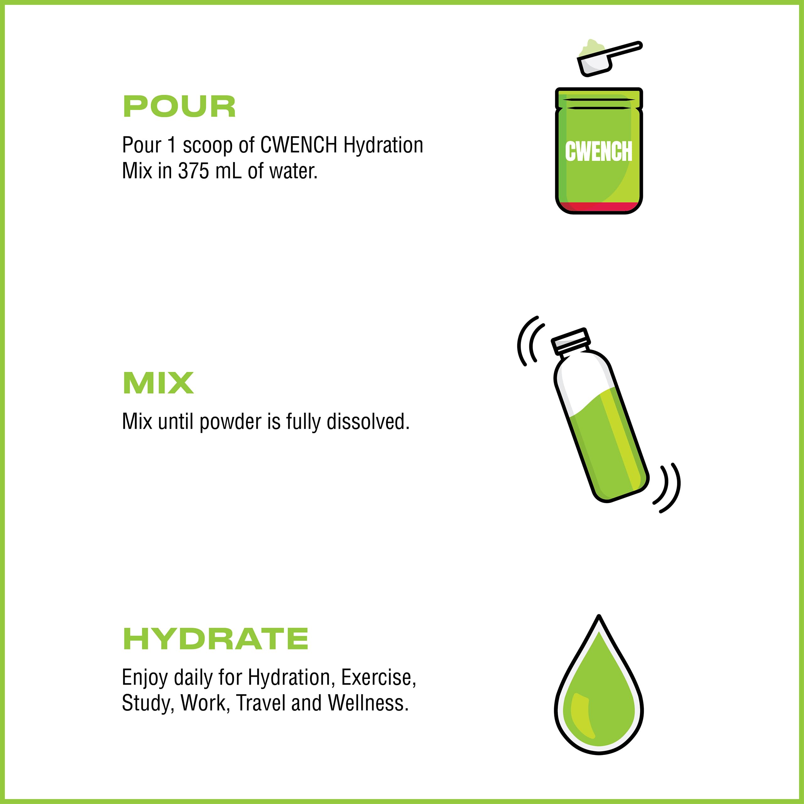 CWENCH team bottle compatibility enables on-the-go mixing.