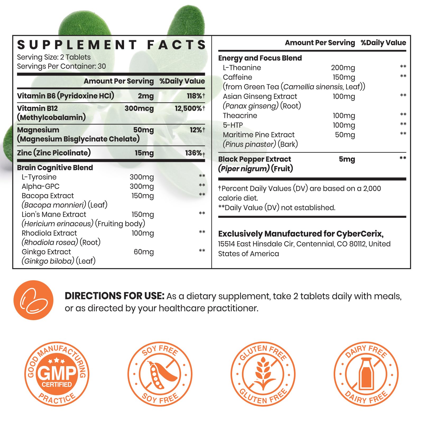 CyberCerix 17-in-1 tablets close-up showing focus-ready formula.