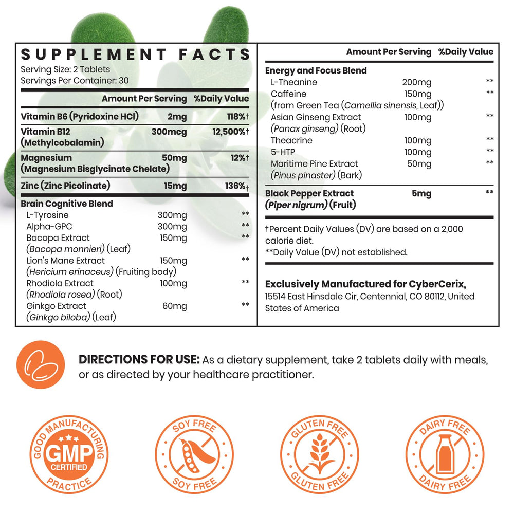 CyberCerix 17-in-1 tablets close-up showing focus-ready formula.