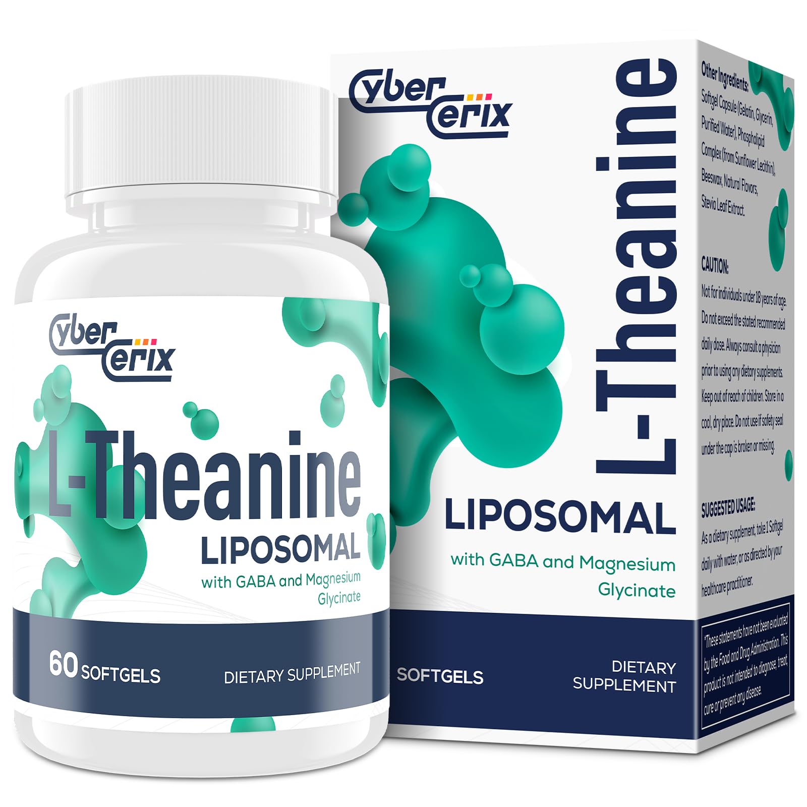CyberCerix liposomal L-Theanine 500mg capsule for premium absorption and calm focus.